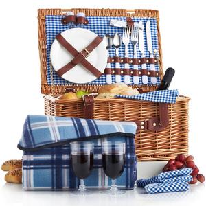 VonShef Deluxe 2 Person Traditional Wicker Picnic Basket Hamper with Cutlery, Plates, Glasses, Tableware & Fleece Blanket