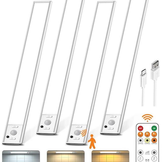 Under Cabinet Lighting with Remote Control,2500mAh USB Rechargeable Motion Sensor Light Indoor,350 Lumen LED Closet Lights,3 Color Temps Wireless Under Counter Lights for Kitchen,Pantry, Stair, 4 Pack