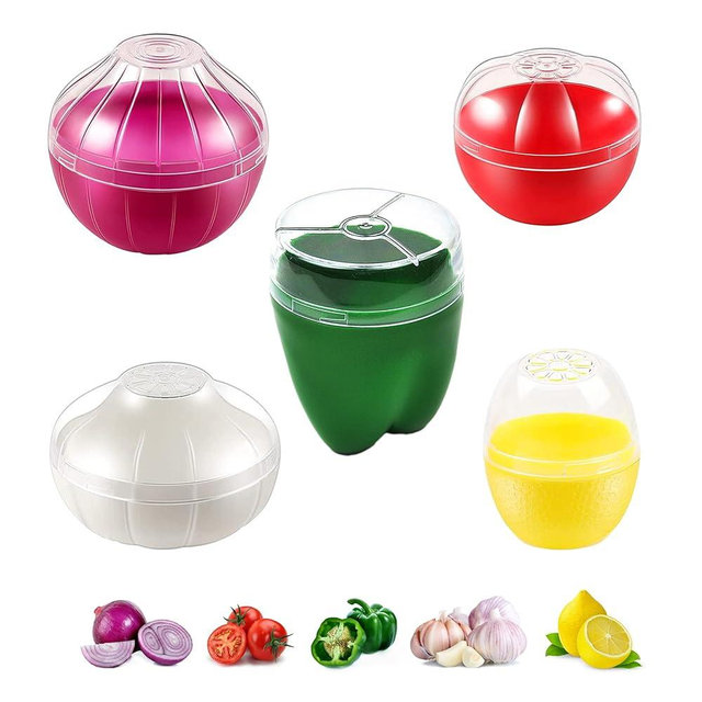 Magicaleast 5PCS Fruit and Vegetable Shaped Savers Storage Onion Tomato Lemon Green Pepper and Garlic Containers for Fridge Vegetable Crisper Makes Food Stays Fresh Longer