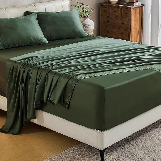 MEISHANG Extra Deep Pocket Cotton Sheets Queen Size - 100% Egyptian Cotton 1000 Thread Count - Fits 18"-24" in Deep Mattress,Oeko-Tex Certified, Soft & Breathable - 4 Piece (Queen, Forest Green)