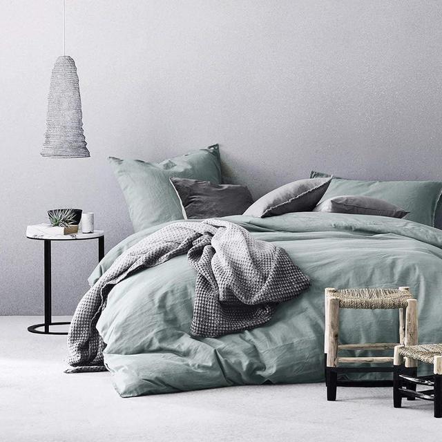 Eikei Washed Cotton Chambray Duvet Cover Solid Color Casual Modern Style Bedding Set Relaxed Soft Feel Natural Wrinkled Look (Eucalyptus Mint, Super King)
