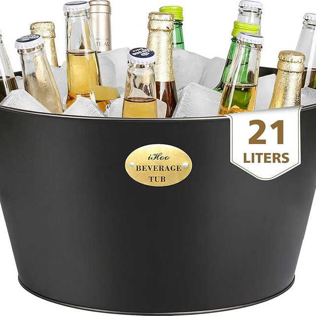 5.5 Gallon Large Beverage Tubs for Parties, 21L Galvanized Ice Bucket with Wooden Handles for Beer, Wine, Cocktails & Outdoor Events -Black