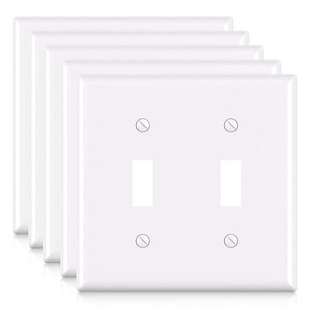 ELEGRP 2-Gang Toggle Switch Wall Plates, Standard Size 4.53" height x 4.57" length Unbreakable Thermoplastic Faceplate Cover for Toggle Dimmer Light Switches, UL Listed (5 Pack, Glossy White)