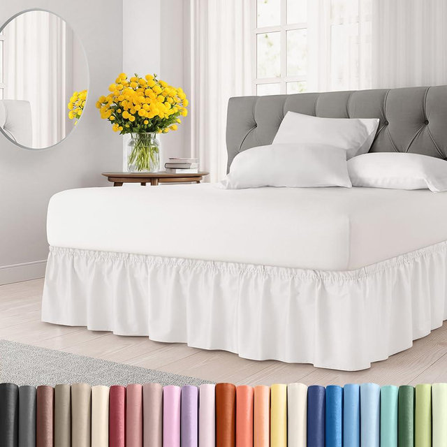 Wrap Around Dust Ruffle Bed Skirt - Antique White - for Queen Size Beds w/ 15 Inch Drop - Easy Fit Elastic Strap - Adjustable Pleated Bedskirt w/Brushed Fabric, Wrinkle Free Women, Men, Kids & Teens