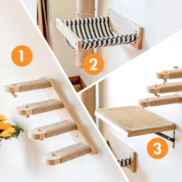 FUKUMARU Cat Wall Set, Including Cat Climbing Step, Cat Hammock, Cat Floating Shelf, Wall Mounted, for Sleeping, Playing, Climbing and Lounging