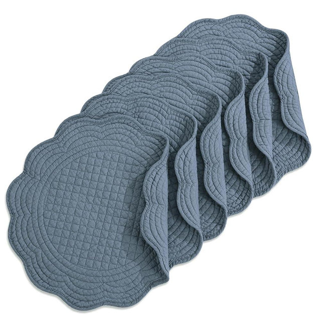 HOMBYS Quilted Placemats Set of 6 Washable Round Placemats for Kitchen Table-100% Cotton Fabric 13 Inch Round Table Mats, Cotton Fabric with Microfiber Filling, (13"x13", Blue)