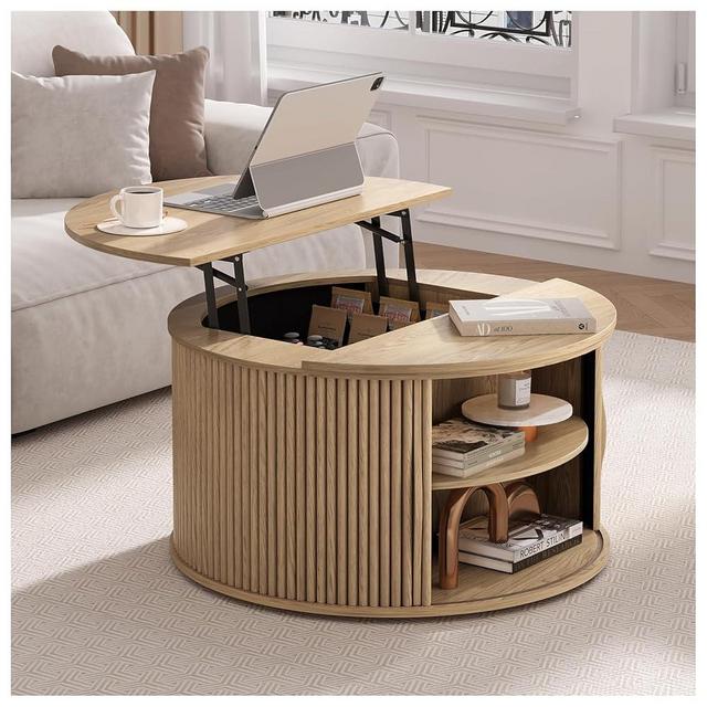 JOINICE 31.5" Round Lift Top Coffee Table,Natural Oak Modern Fluted Drum Center Table with Hidden Storage, Japandi Scandi Wood Circle Desk for Boho Living Room & Apartment