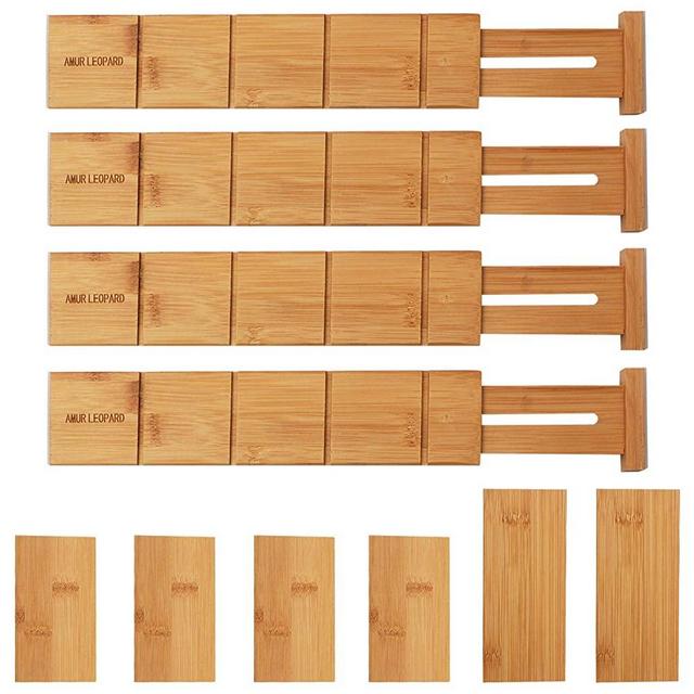 AMUR LEOPARD Bamboo Drawer Dividers Organizer Set of 4, with 6 Extra Mini Dividers, Spring Loaded, Expandable Drawer Organization for Kitchen, Bedroom, Bathroom and Office, 13.25-17 inches, Natural