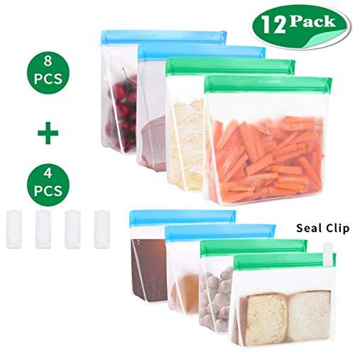 JUSONEY Stand Up Reusable Storage Bags - 8 Pack Leakproof Double Ziplock Sandwich Bags with Four Seal Clip - Thick PEVA Food Grade Lunch Bags Snack Bags