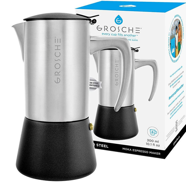 GROSCHE Milano Steel 6 espresso cup Brushed Stainless Steel Stovetop Espresso Maker Moka pot - Cuban Coffee maker Italian Espresso Greca coffee maker for Induction gas or electric stoves