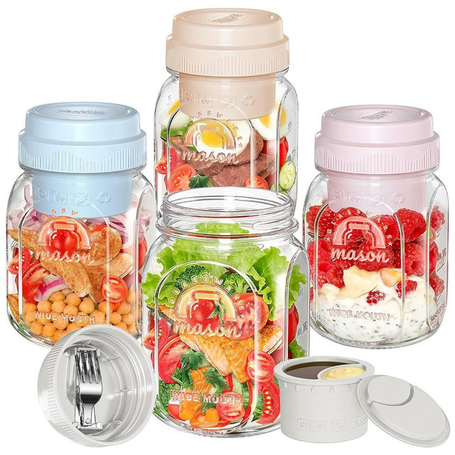 [UPGRADE] 4 Pack Glass Salad Container for Lunch, Salad Jars with Silicone Dressing Cup & Airtight Lid & Fork for Meal Prep, Wet/Dry Separation Divider for Salad Dressing and Dry Ingredients Mason Jar