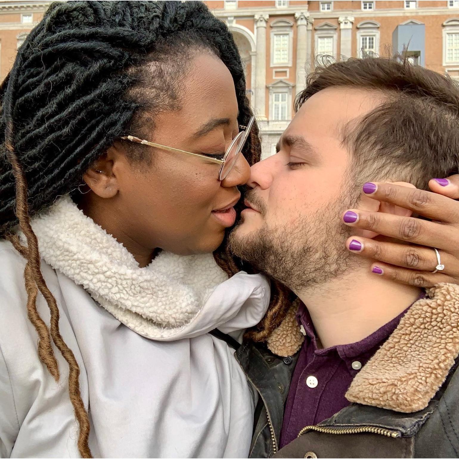 In front of the Royal Palace of Caserta, where he popped the question
