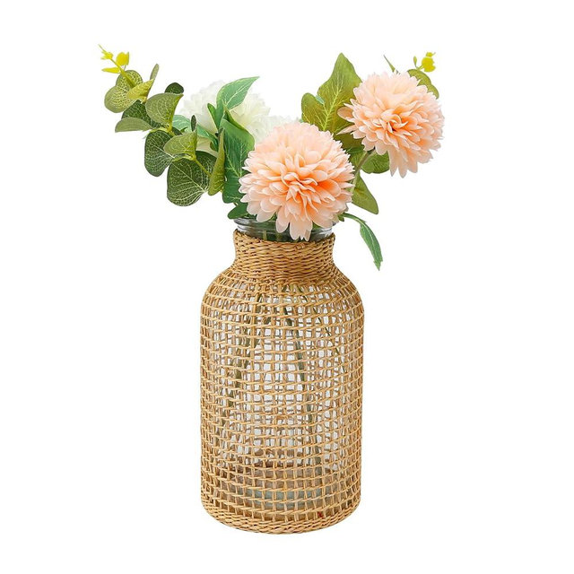 MDEOOSKY Straw Woven Glass Vase 7.87''x1.96''x4.13''Boho Glass Flower Vase Country Rustic Style Vase Glass Vase for Floral Arrangements Bottle Height (B Style 7.87IN)