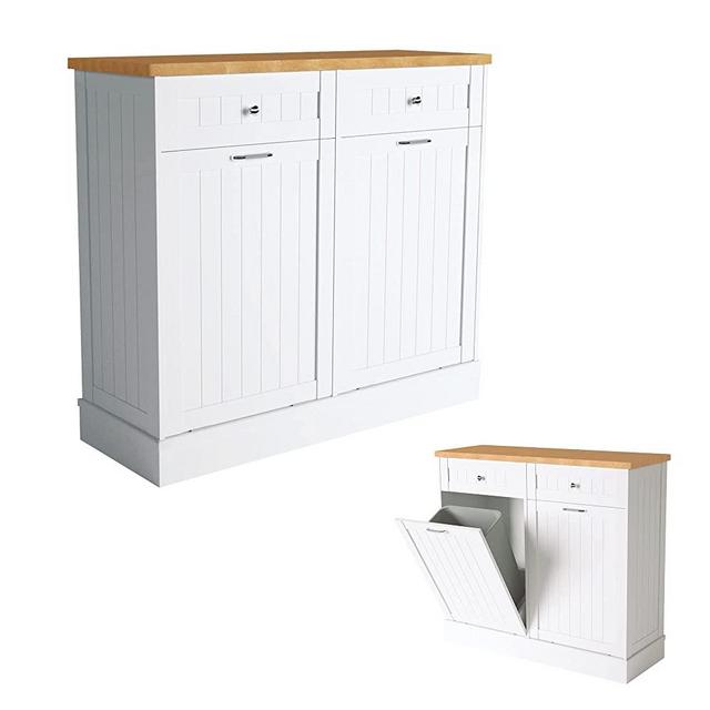 TOLEAD Double Tilt Out Trash Cabinet Free Standing 10 Gallon Recycling Trash Can Cabinet for Farmhouse Kitchen,Living Room, Dining Room, White