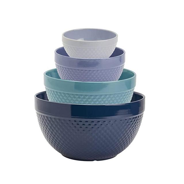 Tabletops Gallery Hobnail Style 4 Piece Blue Storm Stoneware Nesting Mixing Bowl Set for Baking and Cooking