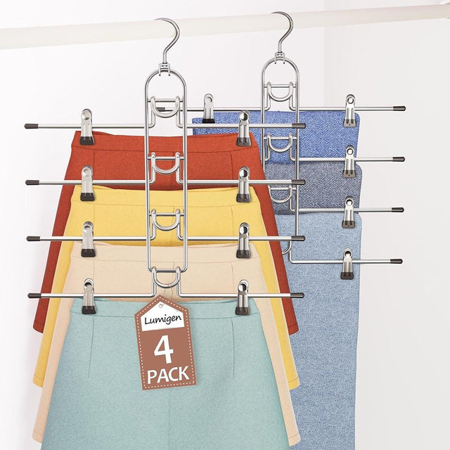Pants & Skirt Hangers with Clips, Removable - Space Saving Hangers, 4-Tiers Skirt Hangers for Women - Hanging Closet Organizer and Storage-4 Pack