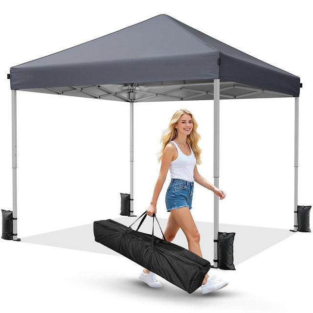 Driftalia 10x10 Pop Up Canopy Tent, Instant Setup Portable Canopy with Carry Bag, 4 Sandbags and 8 Stakes for Outdoor Events, Parties & Camping - Dark Grey