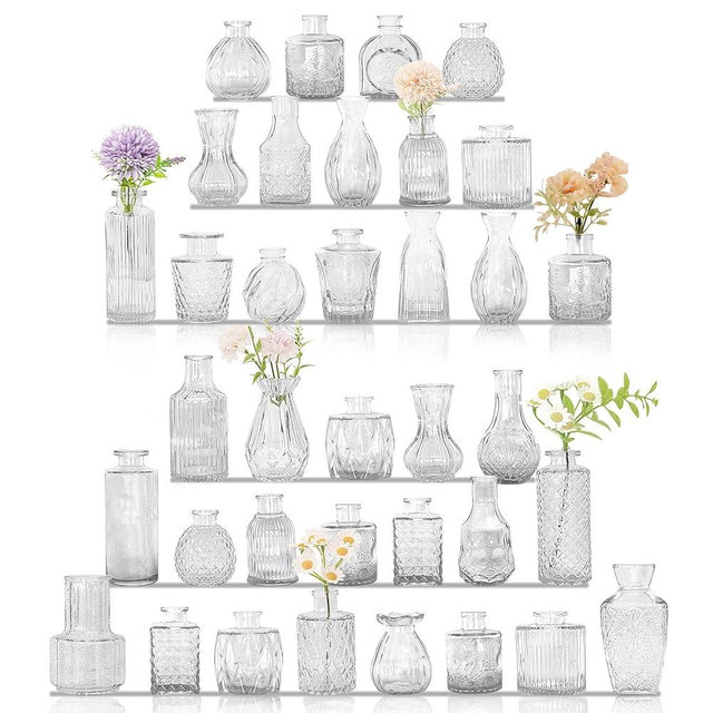 36Pcs Bud Vases Set Small Vintage Glass Bottles Clear Bud Vases in Bulk Multiple Shape Cute Glass Vases for Rustic Wedding Centerpieces Table Decorations and Home Decor(Clear)