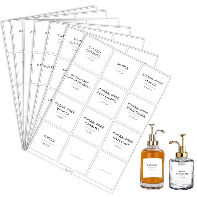 84 Pieces Pantry Labels, Self-Adhesive Labels for Food Containers, Minimalist Waterproof Kitchen Food Labels Preprinted Jar Labels for Storage Bins Coffee Station Syrup Dispenser Labels Blank Labels