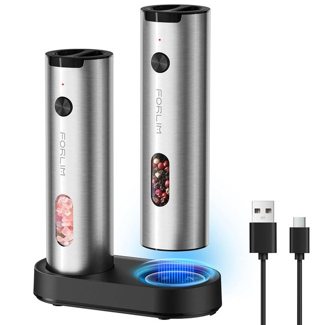 FORLIM Electric Salt and Pepper Grinder Set, USB Rechargeable Electric Salt Grinder with Charging Base, Adjustable Coarseness, LED Light, Top Refill, Automatic Shaker, Housewarming Gift (2 pack)