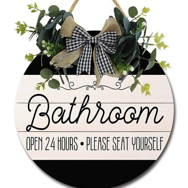 LERJIMUX Bathroom Front Door Sign Funny Wreaths Hanging Wooden Plaque Decoration Round Rustic Wood Farmhouse Porch Decor for Home Front Door Decor, 11 x 11 Inch