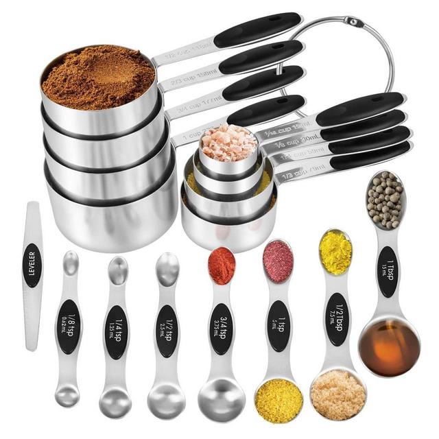 KELOFKO 16 Pieces Measuring Cups and Magnetic Measuring Spoons Set Stainless Steel,8 Measure Cups with Silicone Handle and 7 Double Sided Magnetic Measure Spoons 1 Leveler
