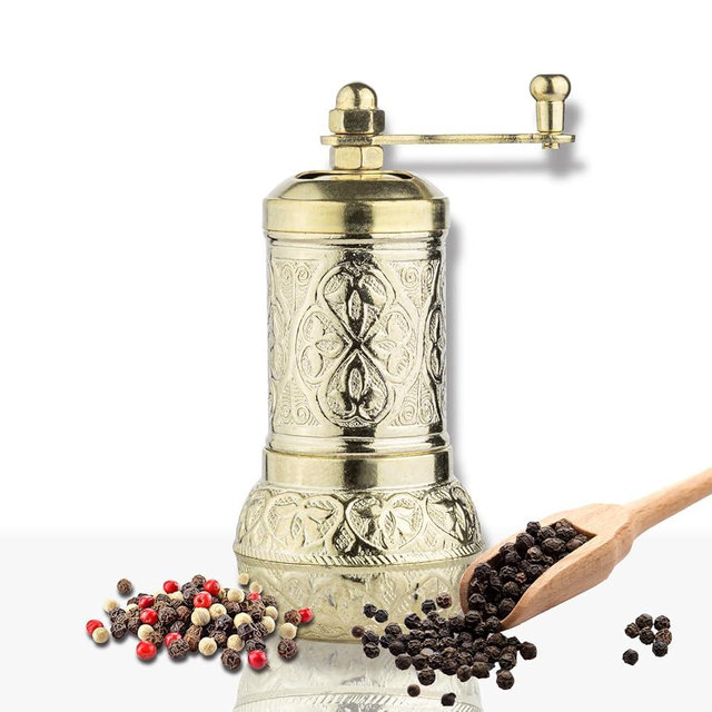 Glios Handmade Decorative Black Pepper Grinder, Refillable Turkish Spice Mill Manual Pepper Mill with Handle, Spice Grinder Metal with Hand Crank 11 cm-4.3 inch