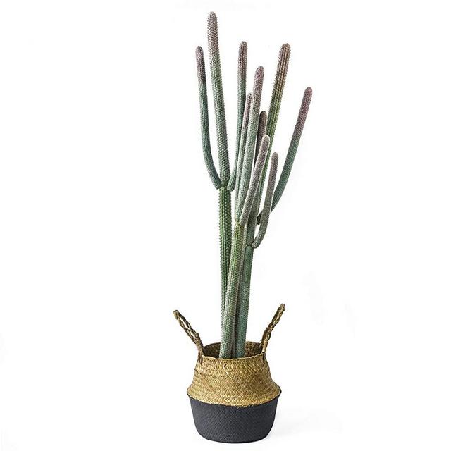 NCYP 48" Large Natural Looking Artificial Faux Fake Pink Tip Saguaro Cactus Desert Plant with Natural Seagrass Woven Basket Pot for Home Garden Office Floor Indoor Decor