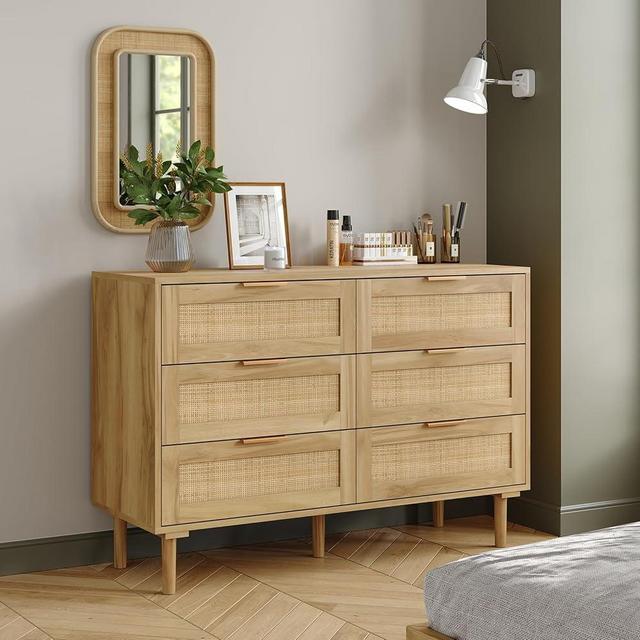 Furniouse 6 Drawers Rattan Dresser for Bedroom, Wooden Dresser Chest of Drawers, Storage Organizer for Closet, Beside Table for Living Room, Bedroom