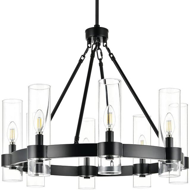 Linea di Liara Teramo Matte Black Chandelier Dining Room Light Fixture Small Wagon Wheel Chandelier Round Industrial Modern Farmhouse Chandeliers for Dining Room Foyer, Clear Glass, UL Listed