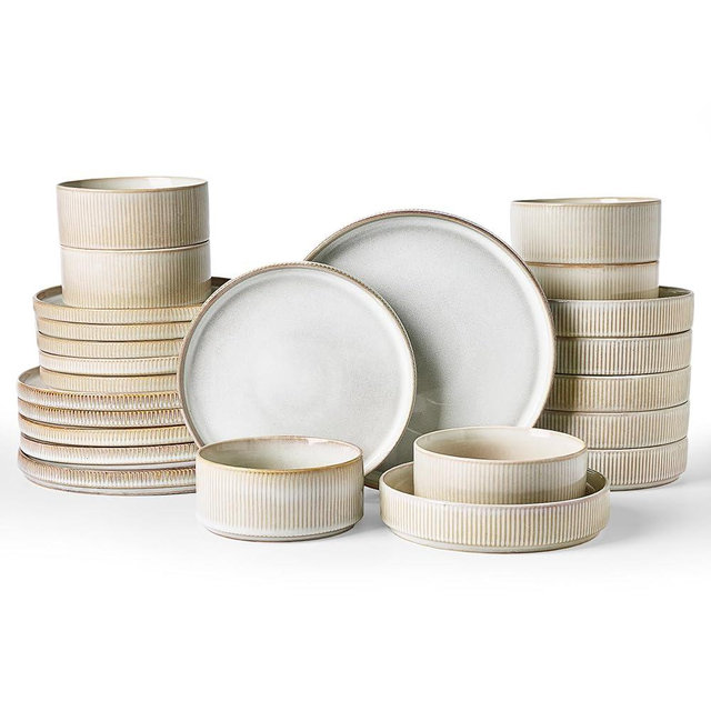 Famiware Star Dinnerware Set with Pasta Bowls, Service for 6 (24 Pieces), Ribbed Stoneware Plates and Double Bowls Sets - Chip & Scratch Resistant, Microwave & Dishwasher Safe Dishes, Cappuccino White