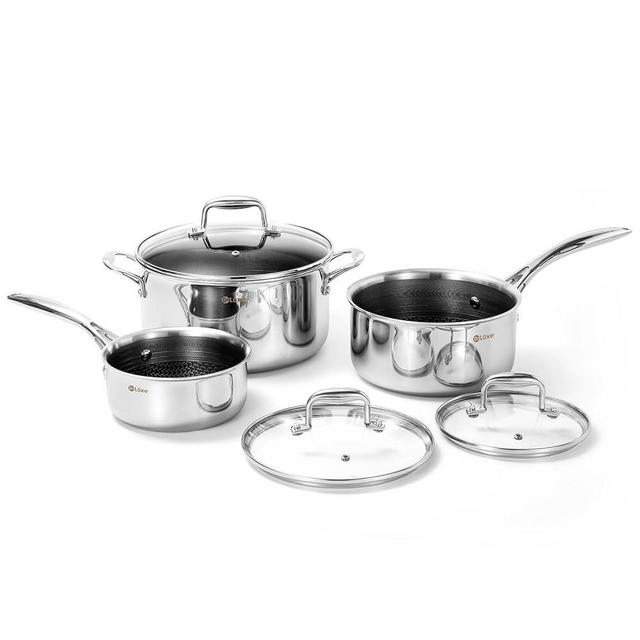 DELUXE Hybrid Nonstick 6-Piece Pot Set, 1.3, 3&5.4-Quart Pots with Tempered Glass Lids, Stainless Steel Cookware Pots with Stay-Cool Handles, Dishwasher Safe, PFOA Free Compatible with All Cooktops