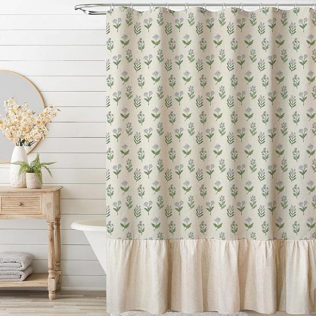 MUGINYU Linen Textured Ruffle Shower Curtain - Vintage Floral Block Print in Beige and Green, Boho Cottagecore Farmhouse French Country Bathroom Decor Set, 72x72 Inches