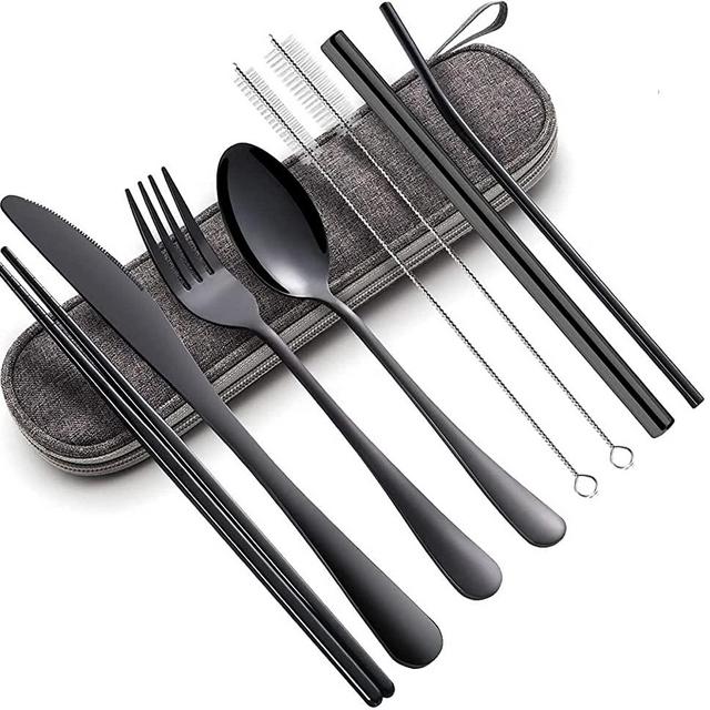 Portable Utensils Set,Reusable Travel Cutlery Set with Case Stainless Steel Flatware Set for Camping 8pcs Including Dinner Knife Fork Spoon Chopsticks Boba Straw (Black)