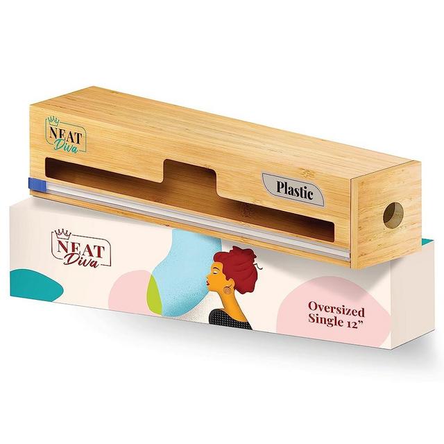 Neat Diva 12" Bamboo Foil Plastic Wrap Organizer Cutter, Plastic Wrap Dispenser Cutter, Tin Foil Organizer Drawer, Bamboo Aluminum Foil Dispenser Cutter, Kitchen Organizer Foil Plastic Wrap (Single)