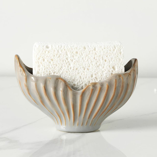Uiddo Sponge Holder for Kitchen Sink, Ceramic Sponge Holder with Fishtail Design, Sink Sponge Holder Caddy Organizer for Countertop, Farmhouse Kitchen Decor, Compact Kitchen Sponge Holder(Grey)