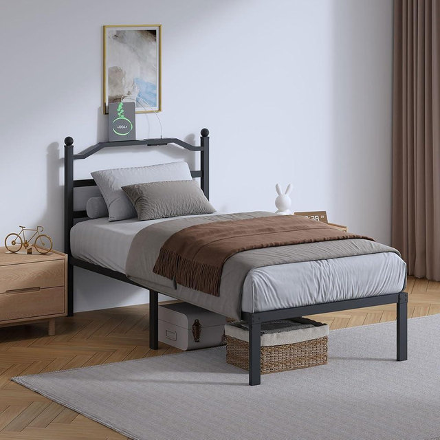 SHOANED Twin Size Bed Frame - 14 Inch Metal Heavy Duty Bedframe with Charging Station Black Basic Steel Slats Platform with Headboard No Box Spring Needed/Easy Assembly