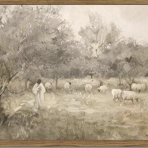 Jesus-C; Jesus and Lamb Christian Wall Art, Jesus Leaves the 99 Sheep Wall Decor Paintings, The Lord is My Shepherd Religious Poster Canvas Prints Artwork for Living Prayer Room 12x16 inch Wood Framed
