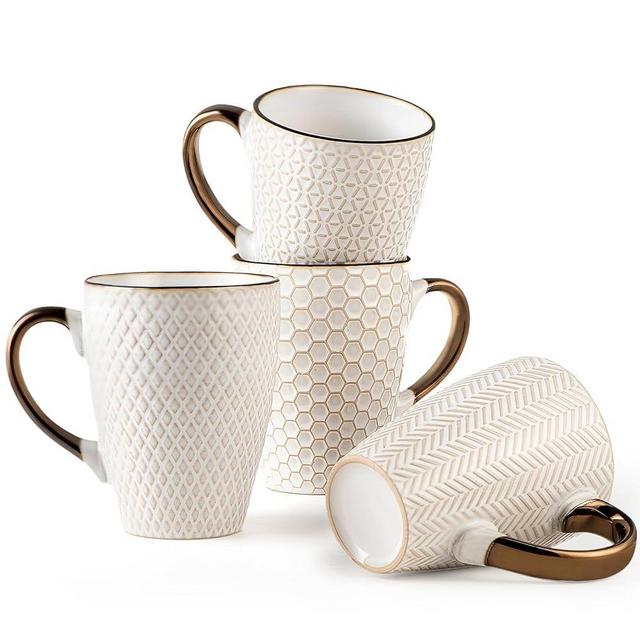 Gooditour Ceramic Coffee Mug Set - 16 Oz Large Coffee Mugs - Embossed Stoneware Cups with Handle for Latte Tea Cappuccino Cocoa - Microwave Dishwasher Safe - Set of 4 - White