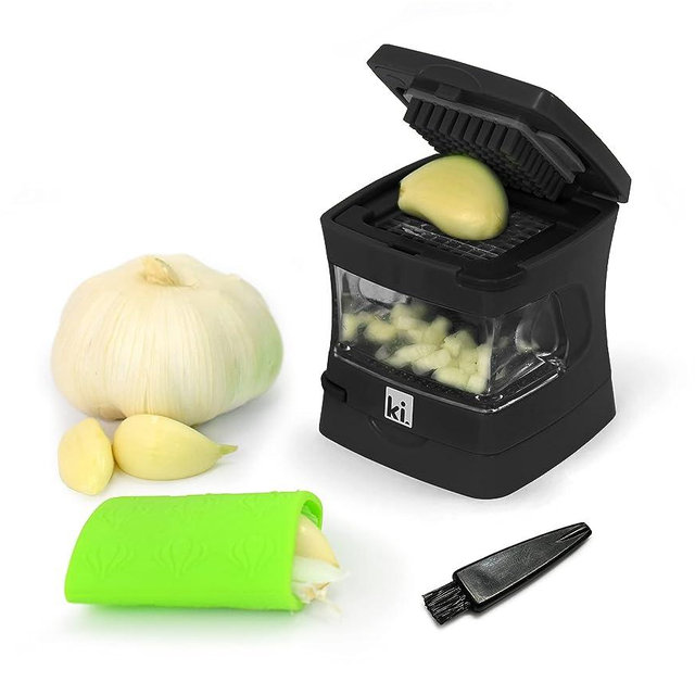 Kitchen Innovations Garlic-A-Peel Garlic Press, Crusher, Cutter, Mincer, and Storage Container - Includes Silicone Garlic Peeler - Easy to Clean - Stainless Steel Blades – (Black), standard