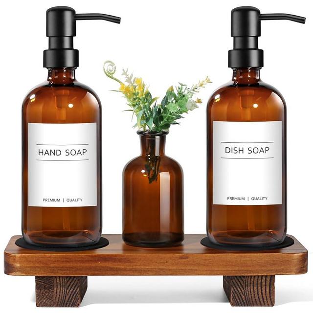 KASUNTING Hand and Dish Soap Dispenser Set for Kitchen, Amber Glass Soap Dispenser with Stainless Steel Pump, Kitchen Soap Dispenser Set with Wood Riser Tray, Soap and Lotion Dispenser Bathroom Decor