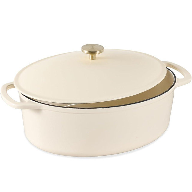 Best Choice Products Oval 7.5 Quart Enamel Cast-Iron Dutch Oven, Heavy-Duty Pre-Seasoned for Baking, Cooking w/Side Handles – Vanilla Buttercream
