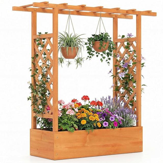 Giantex Wooden Raised Garden Bed with Trellis & Hanging Roof, Fir Wood Planter Box, 45" Freestanding Elevated Garden Bed for Outdoor Climbing Plants Vegetables Flowers, Patio & Balcony, Orange