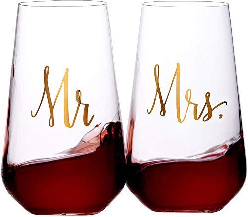 Bezrat Mr and Mrs Stemless Wine Glasses - Set Of 2-16 Ounces - Gift for Wedding, Bride and Groom, His & Hers Married Couple, Anniversary, Bridal Shower, Couples Engagement Gifts