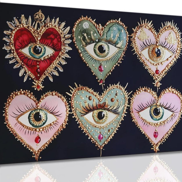 Psychedelic Eyes Canvas Wall Art Gothic Maximalist Witchy Art Wall Decor Picture Dark Academia Aesthetic Poster Eclectic Love Heart Jewel Gem Painting Print Artwork for Bedroom Living Room Decorate