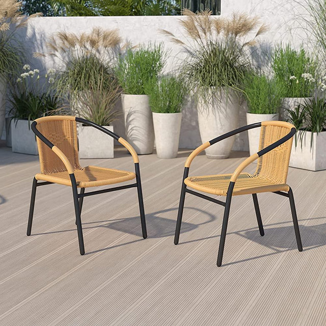 EMMA + OLIVER 2 Pack Beige Rattan Indoor-Outdoor Restaurant Stack Chair with Curved Back