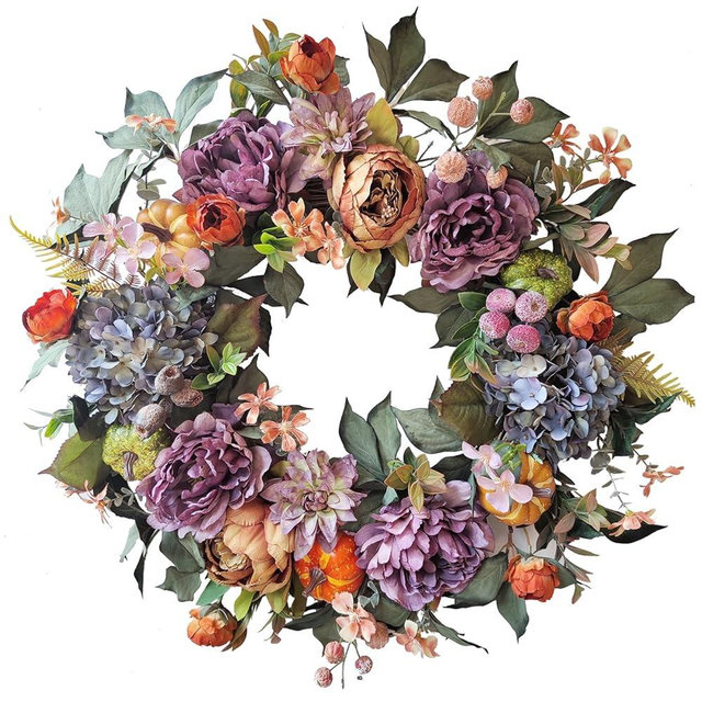 WANNA-CUL 24 Inch Fall Wreath for Front Door with Blue Hydrangea, Purple Orange Peony and Pumpkins-Fall Decoration for Home-Large Fall Decor Door Wreath for Autumn,Harvest, Halloween or Thanksgiving
