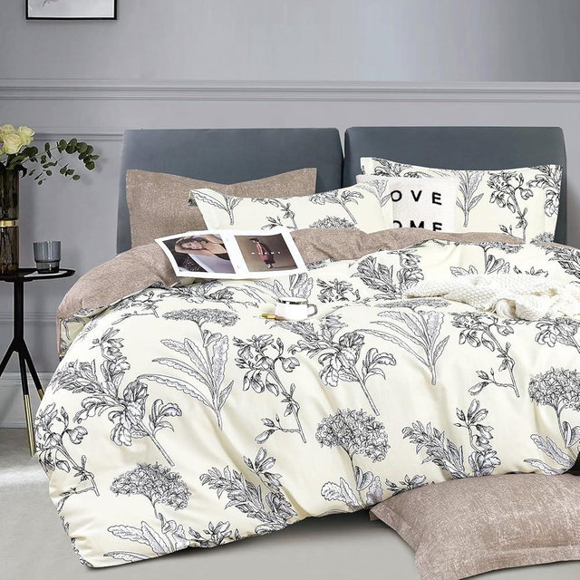 LEMIROE Floral Cotton Comforter Queen Size 3Pcs - Vintage Design with Luxurious Black Sketched Flowers & Leaves on Cream, Retro Taupe Reversible Lightweight Bedding Sets with Soft Fill(90"×90")