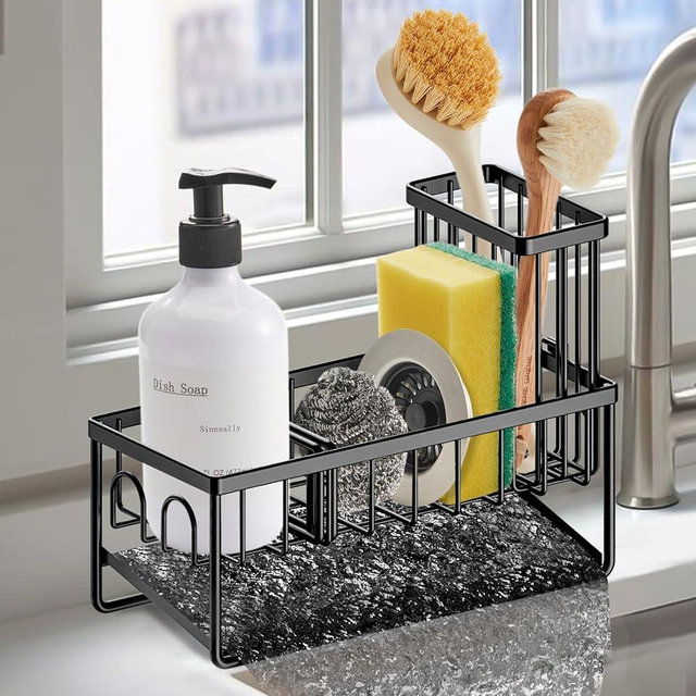 Sinnsally Kitchen Sponge Holder,Sink Caddy Organizer with Brush Holder,Stainless Steel Sink Box Dish Scrubber Holder with Self Drain Tray,Soap Dispenser Kitchen Storage Accessories(1 Tier-Black)