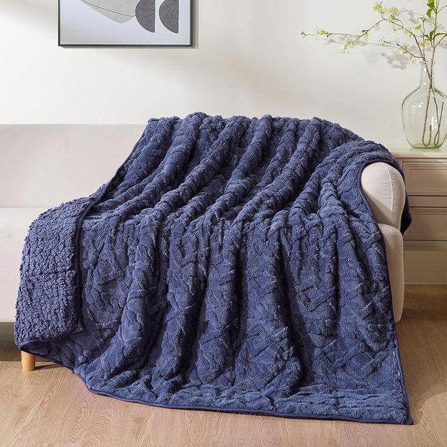 Uttermara Weighted Blanket Queen Size 20 Pounds 60x80 inches, Sherpa Bed Blanket with Solid-Colored Bohemian Pattern, Soft Warm Heavy Blanket Great for Calm, Navy Blue